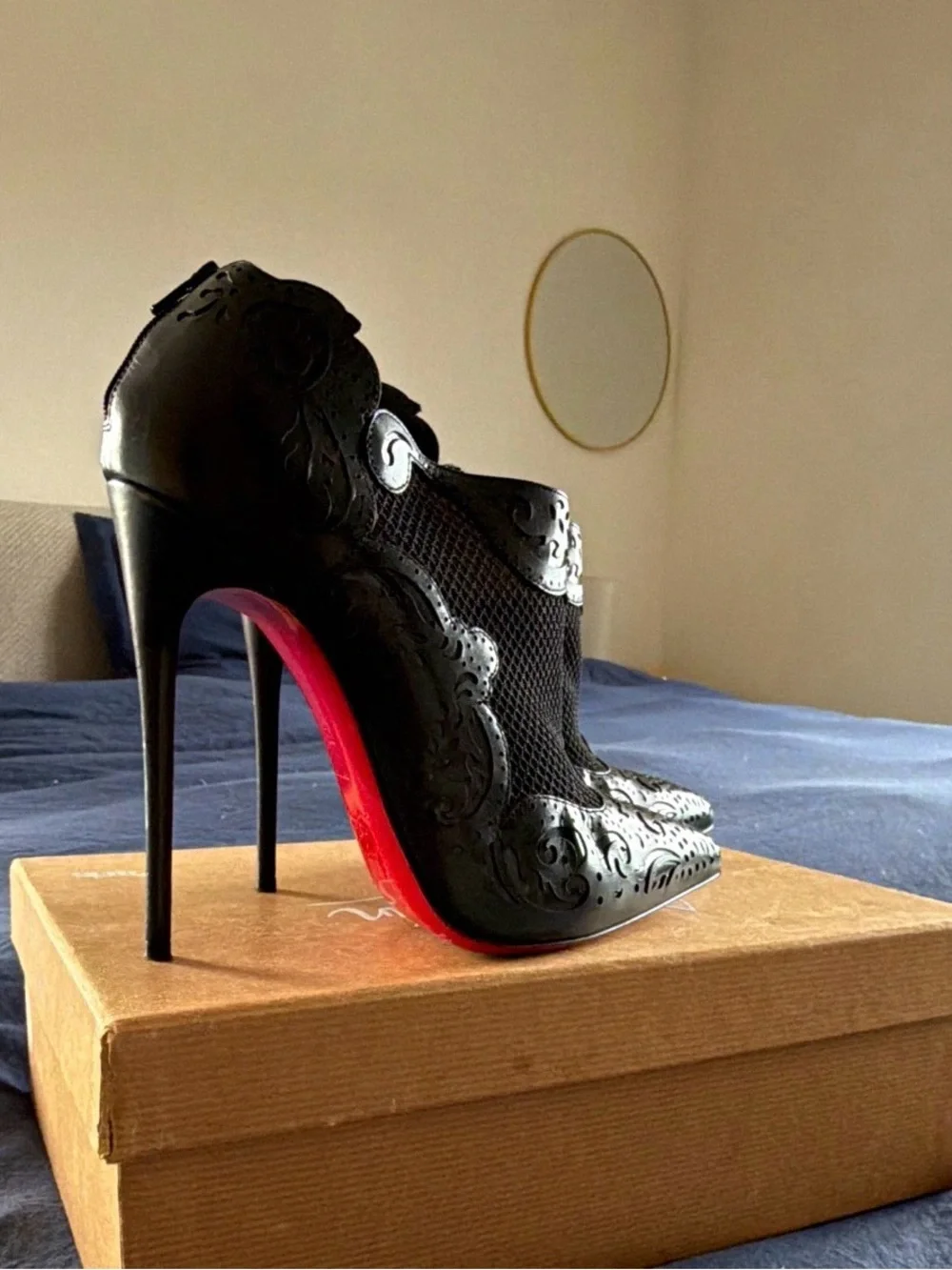 Christian Louboutin Black Embossed Mesh Ankle Heels with Signature Red Sole